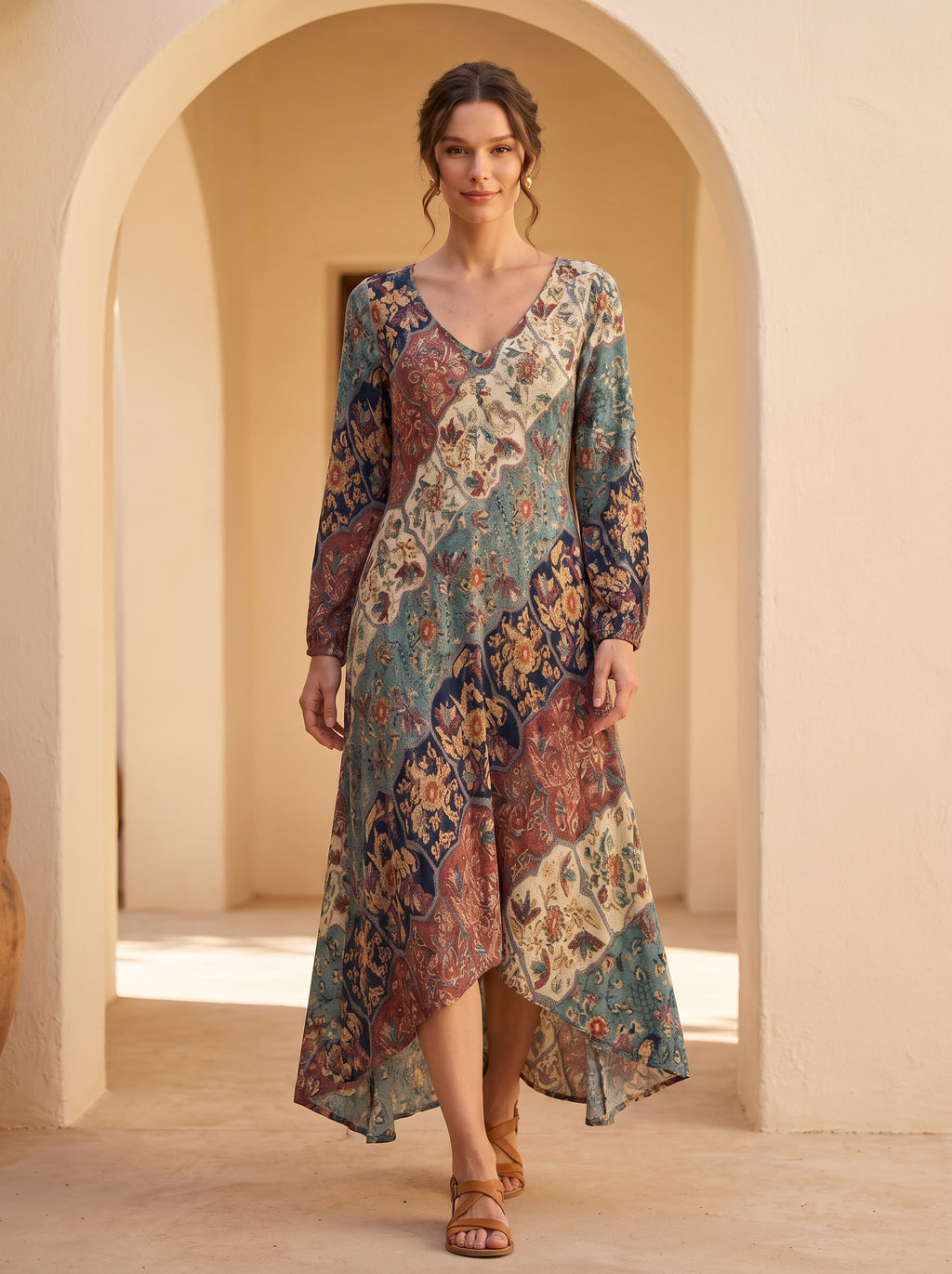 Vestido largo Lidia de estampado patchwork, vista frontal