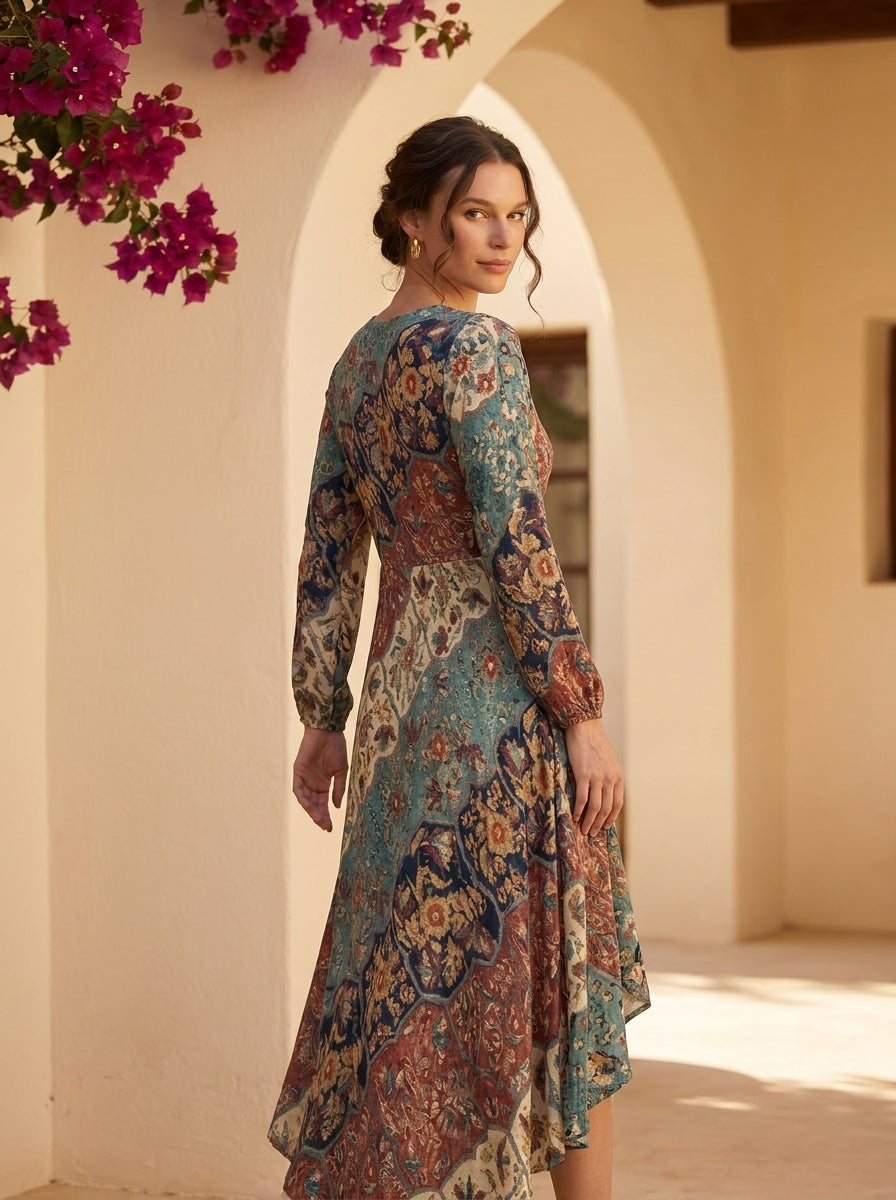 Vestido largo Lidia, vista de espalda con el bajo asimétrico