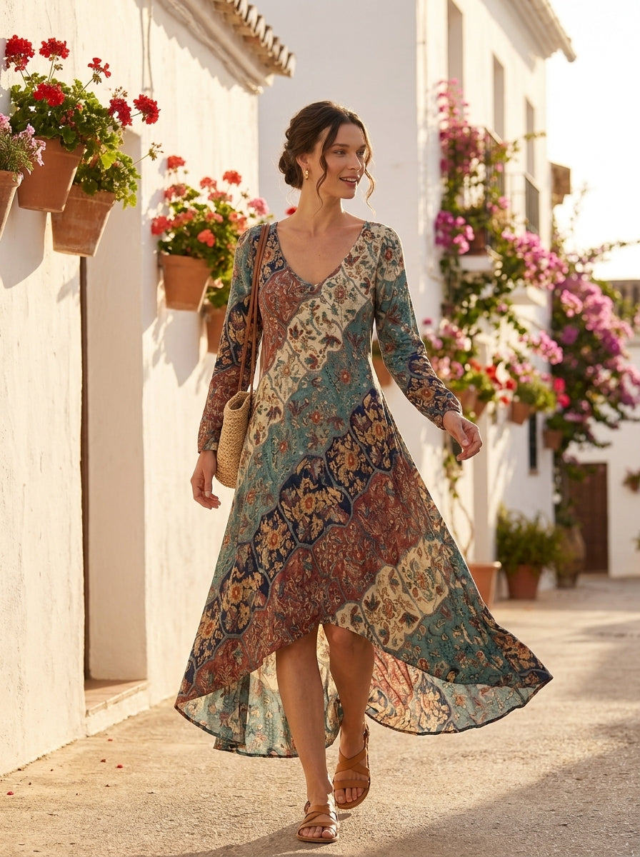 Vestido largo Lidia caminando por un pueblo blanco