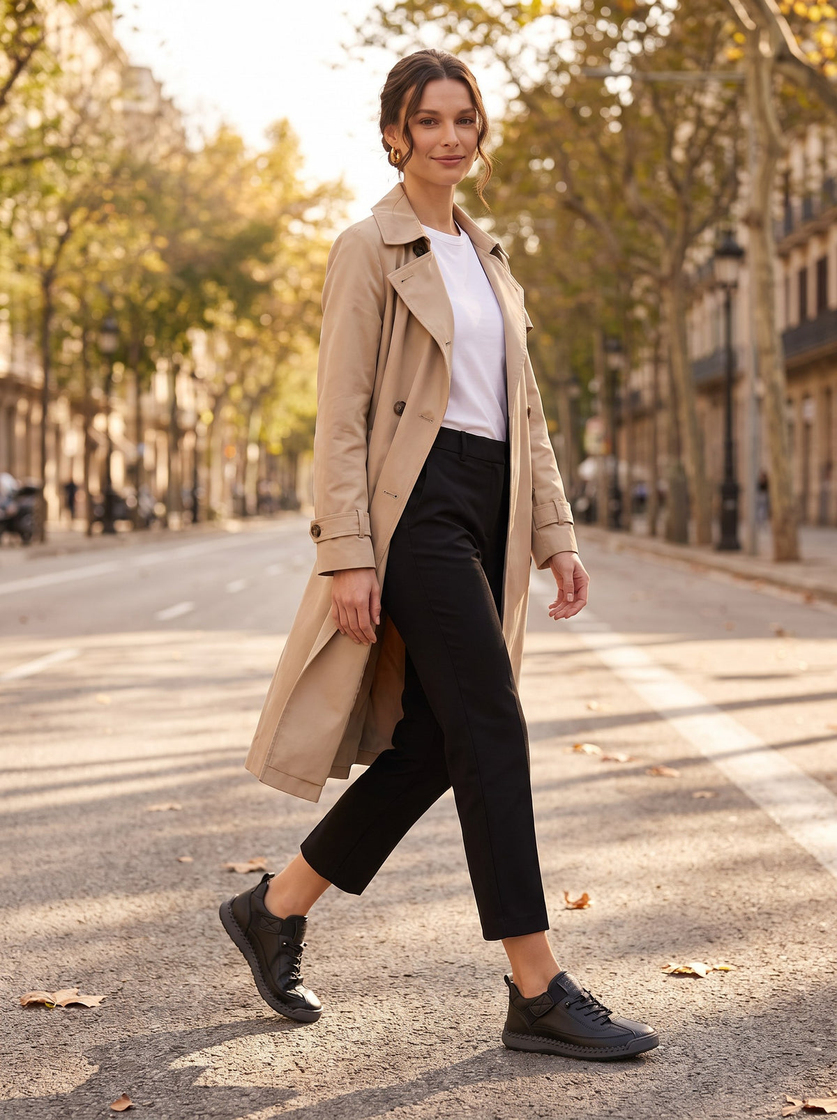 Zapatillas Oriana negras con pantalón negro y gabardina