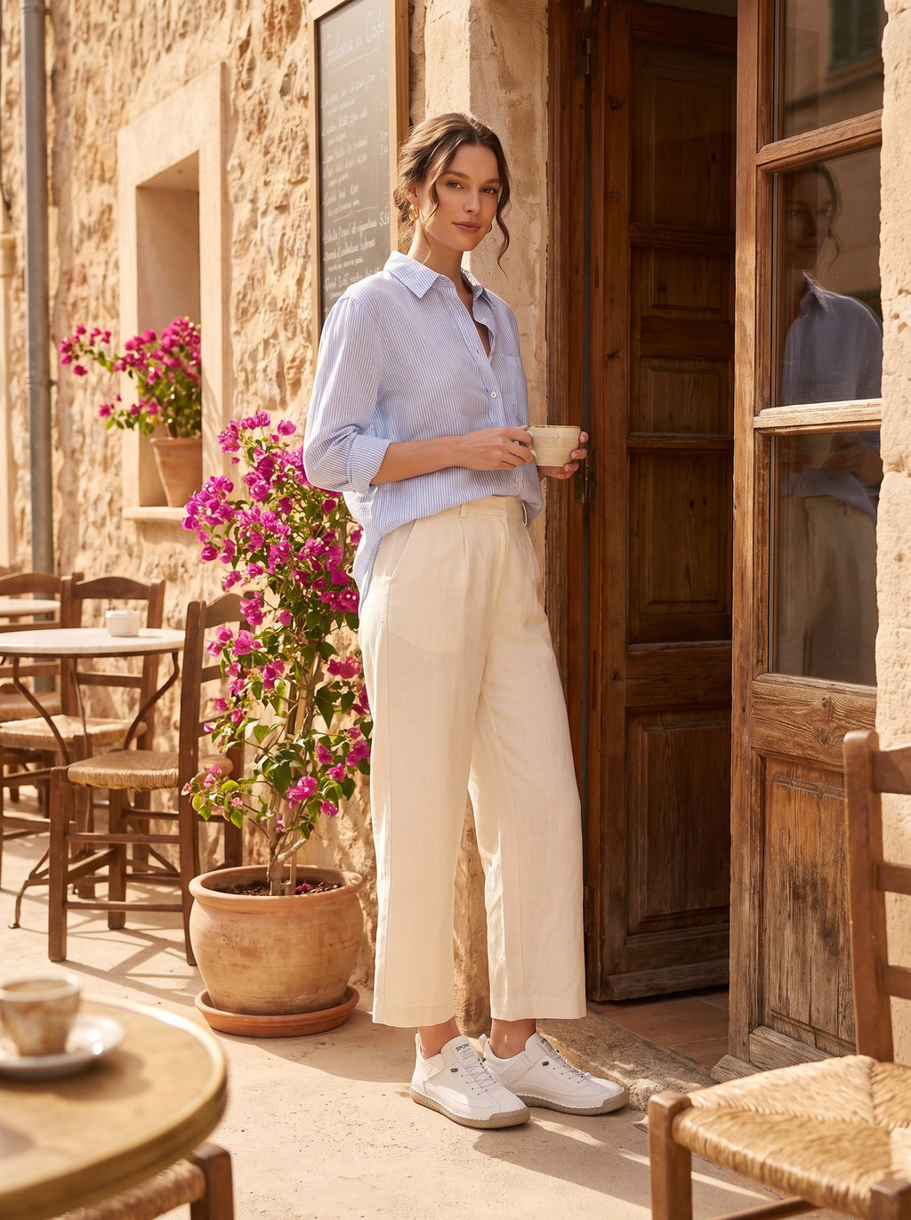 Zapatillas Oriana blancas con pantalón de lino crema