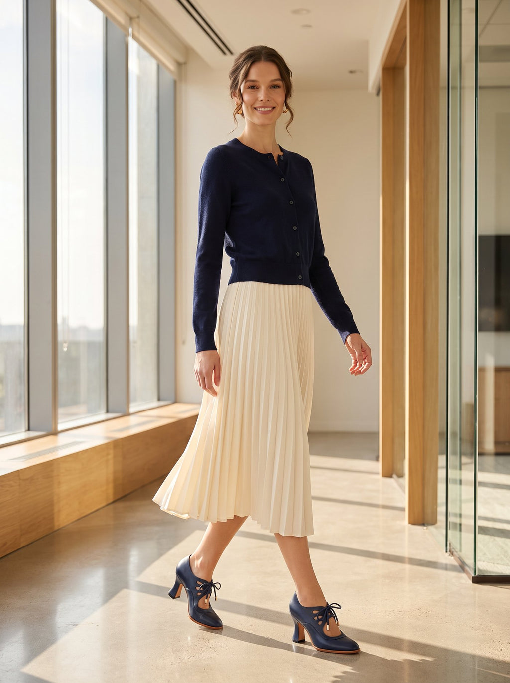 Tacones Audrey azul marino con falda plisada crema