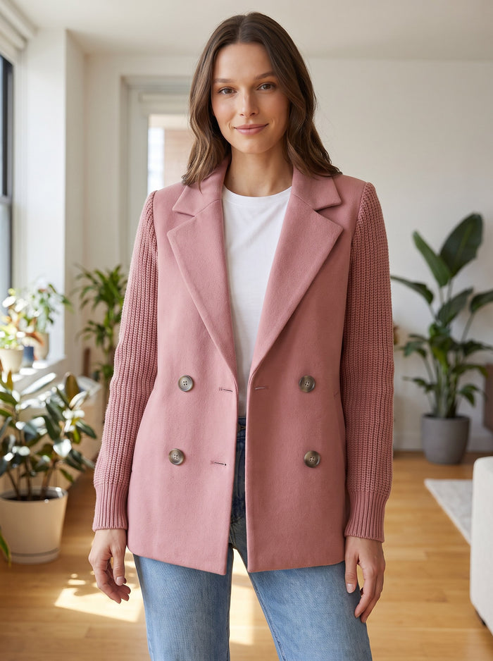 Blazer Carla rosa con vaqueros y camiseta blanca