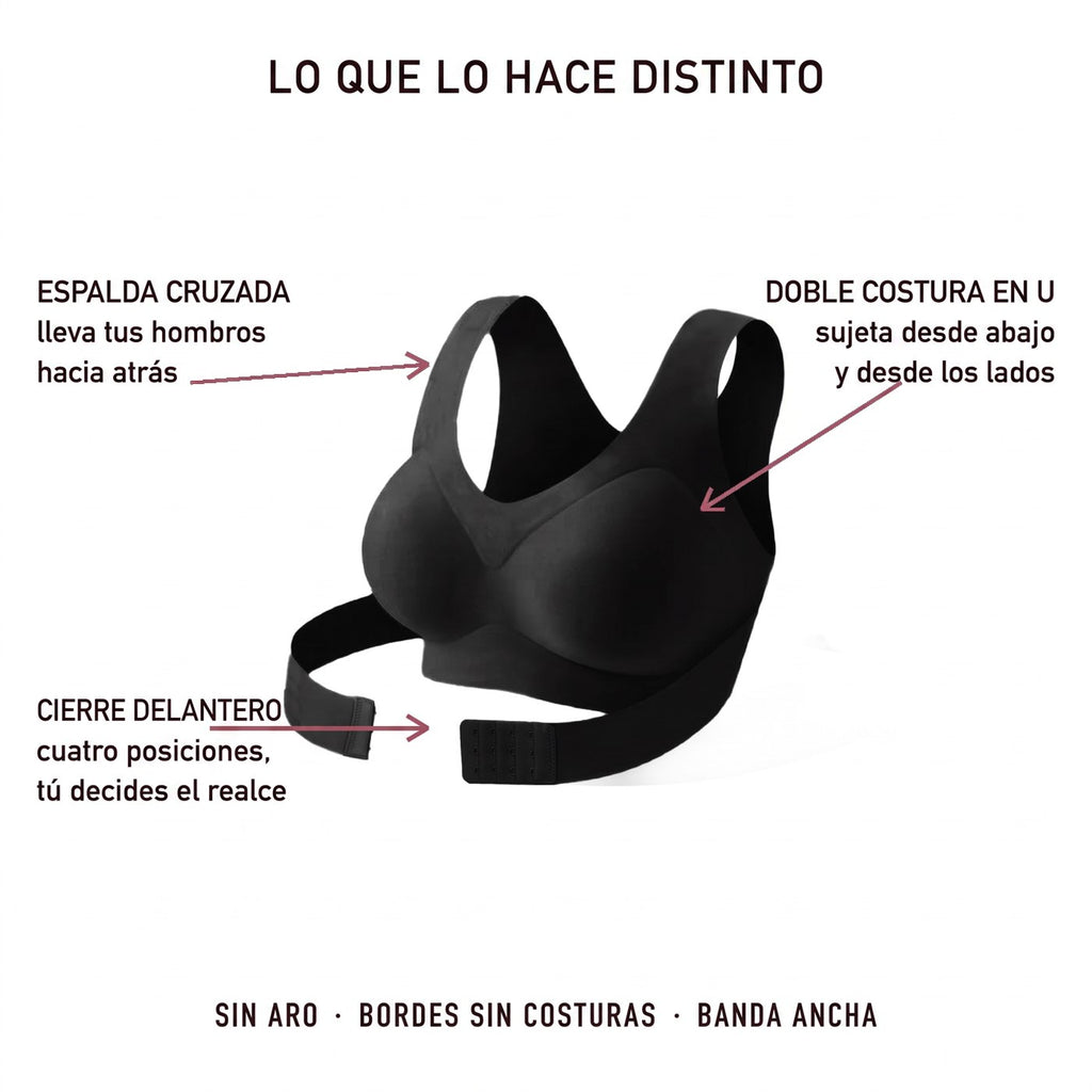 Lo que lo hace distinto: espalda cruzada, doble costura en U y cierre delantero